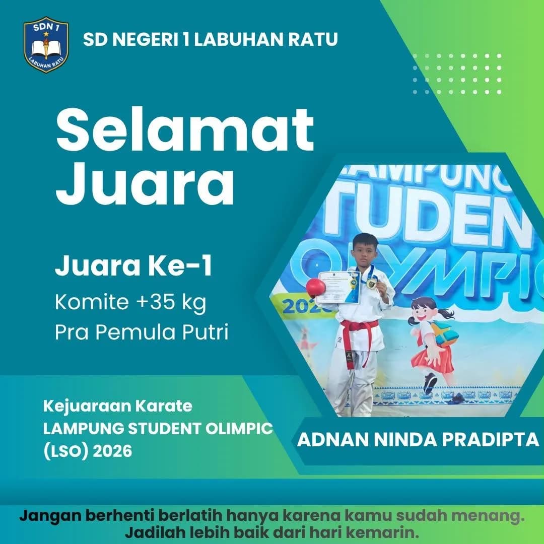 Prestasi: Juara 1 Karate Komite +35 kg Pra Pemula Putra